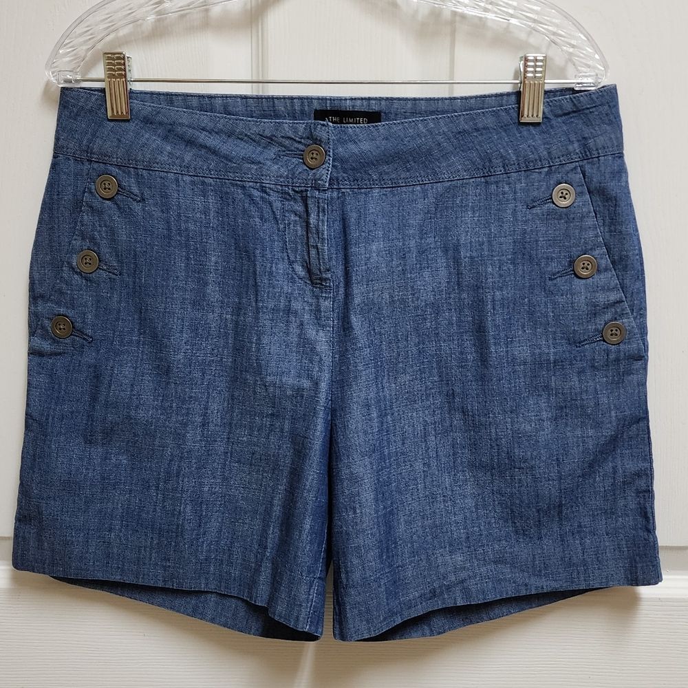 The Limited Shorts Womens 8 Blue Chambray Button Pockets Zip Nautical Preppy